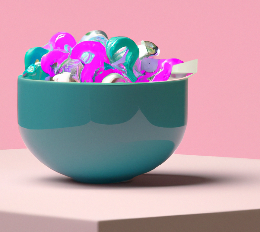 A turquoise bowl overflowing with tangled question marks shapes on a pink table