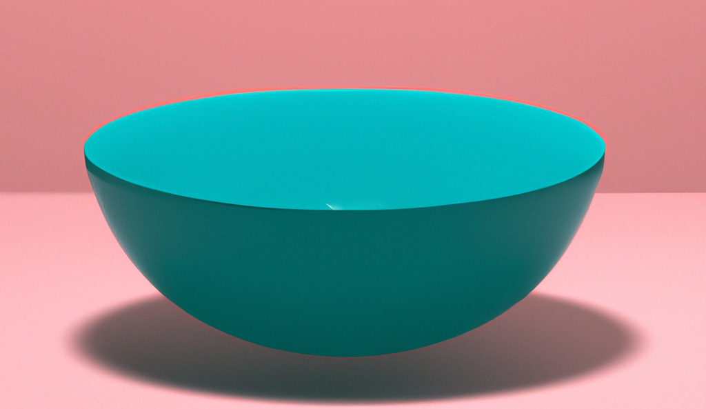 An empty turquoise bowl on a pink table