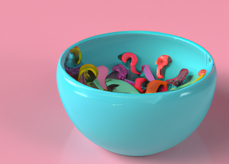 A turquoise bowl half full of different coloured and shaped question marks