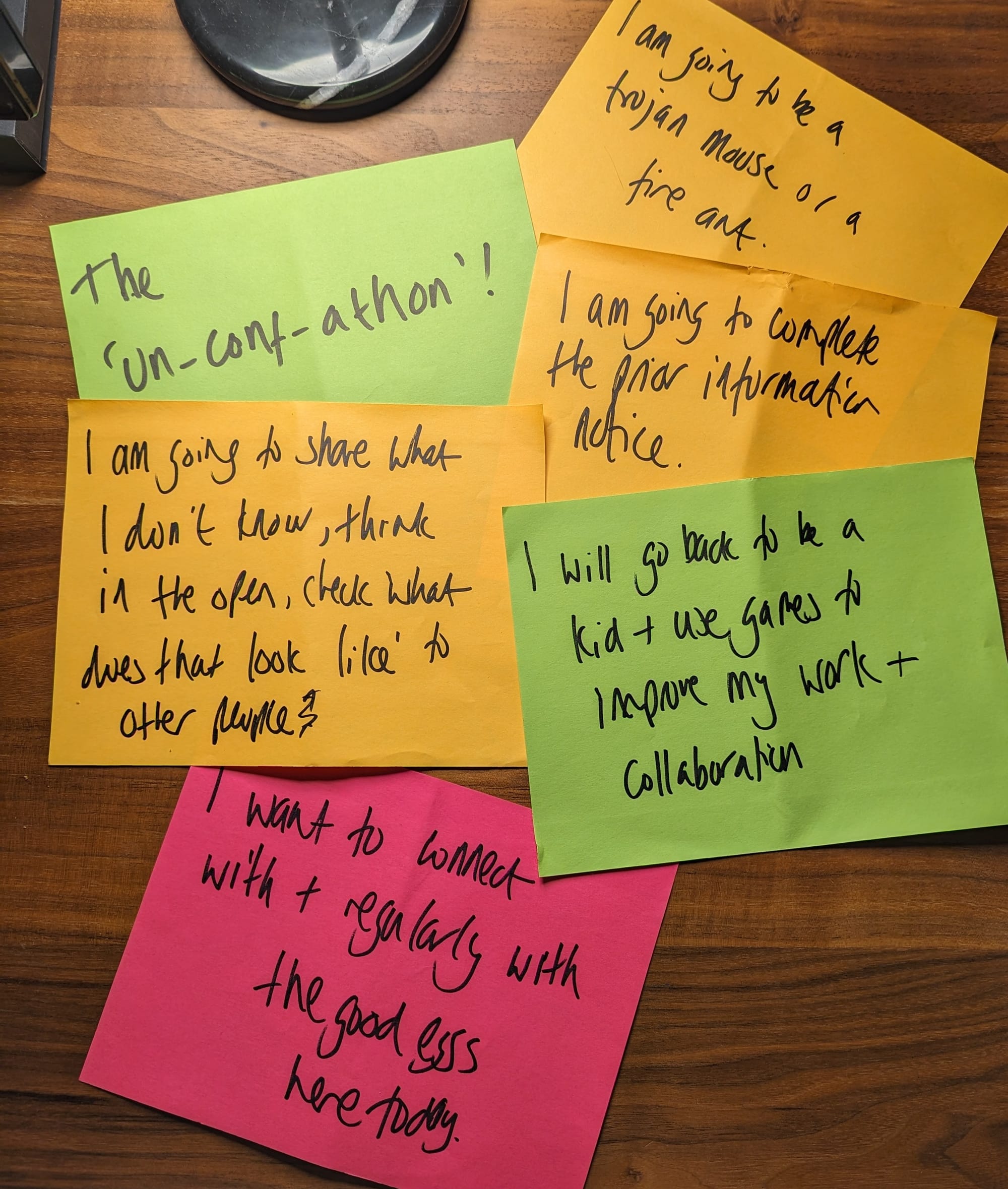 Photo of brightly coloured post-its with notes written on them.  Notes are listed below.