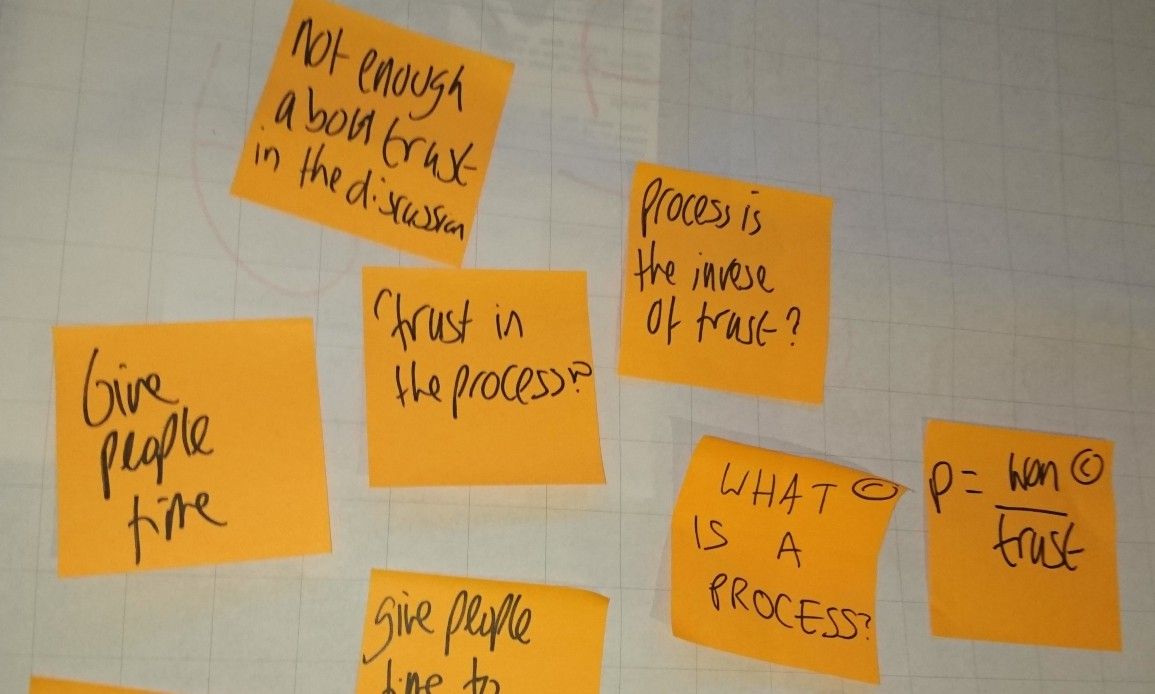 Post-its on a wall including saying trust the process, process is the inverse of trust & give people time